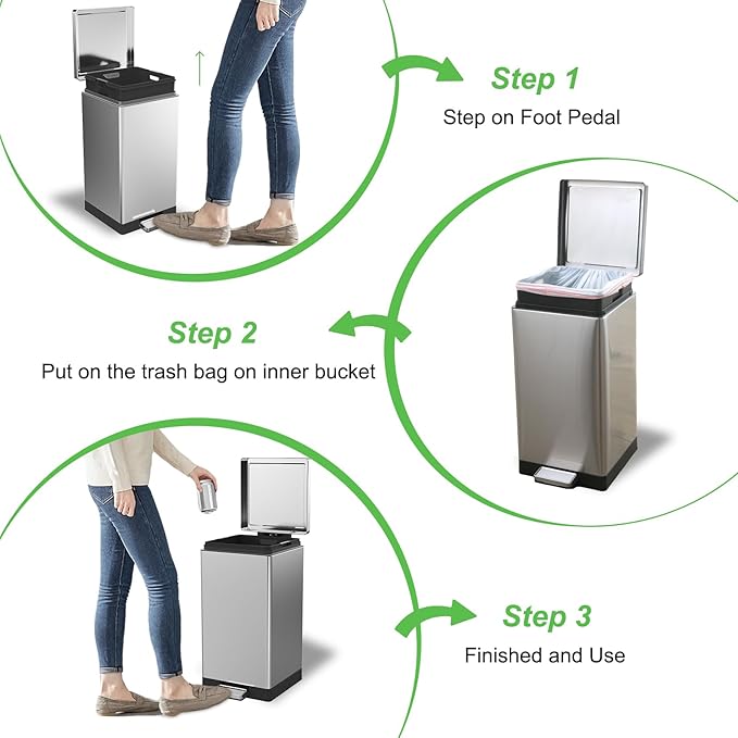 Trash Can with Lid - 30 Liter/8 Gallon Square Stainless Steel Trash Can with Odor Protection Kitchen Garbage Cans with Soft-Close Foot Pedal Step Bin for Bathroom Home Office Silver