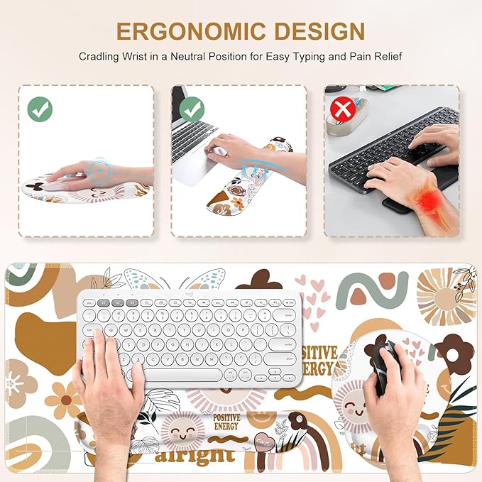 iCasso Desk Mat, Gaming Mouse Pad Wrist Support Set,4in1 XXL Large Mousepad + Keyboard Wrist Rest+Mouse Wrist Rest+Coaster Set with Ergonomic Design for Home Office Table Computer-Sticker