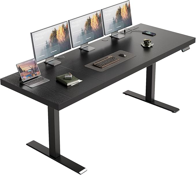 OffiGo Electric Standing Desk with 3-Piece Board, 71 Inch Height Adjustable Large Desk with Power Outlets, Sit Stand Table, Writing Computer Desk for Home, Office, Workstation, Black