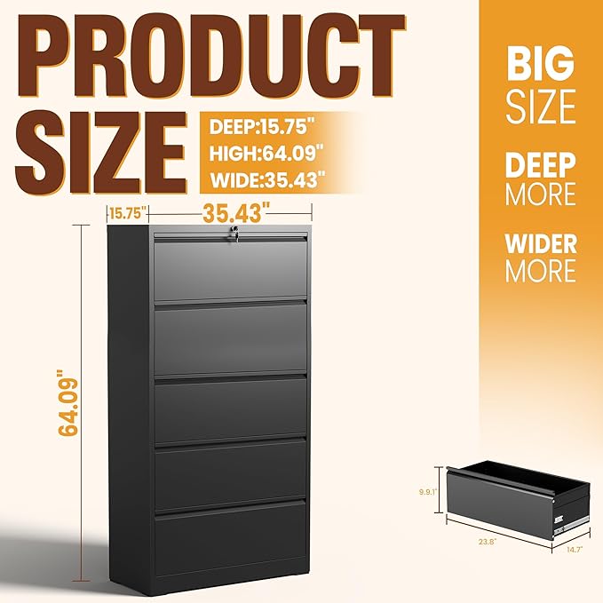 5-Drawer Lateral File Cabinet with Lock, Black Metal Filing Cabinet for Office or Home – Secure Storage for Letter/Legal/A4/F4 Documents, Easy to Assemble Locking File Organizer (Black, 5 Drawer-64"H)