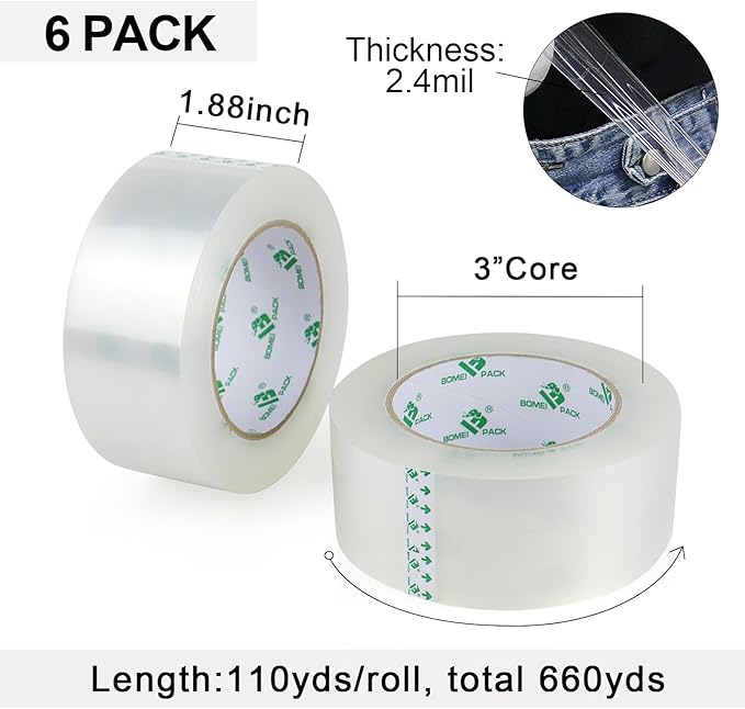 BOMEI PACK Silent Packing Tape, 2.4Mil x 1.88” x 110yds, Heavy Duty Clear Packaging Tape for Moving Boxes, 6 Rolls
