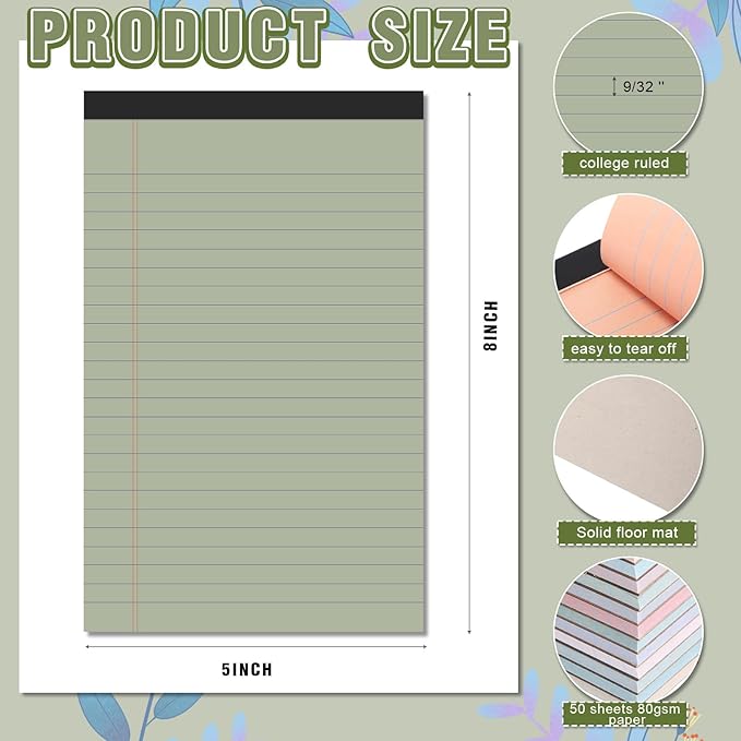 Lincia 12 Pcs 12 Pcs 5" x 8" Small Legal Pads Colored Lined Note Pads Narrow Ruled Writing Notepads 50 Sheets Per Micro Paper Notebook Lined and Perforated for College Office Supplies (Retro Colors)