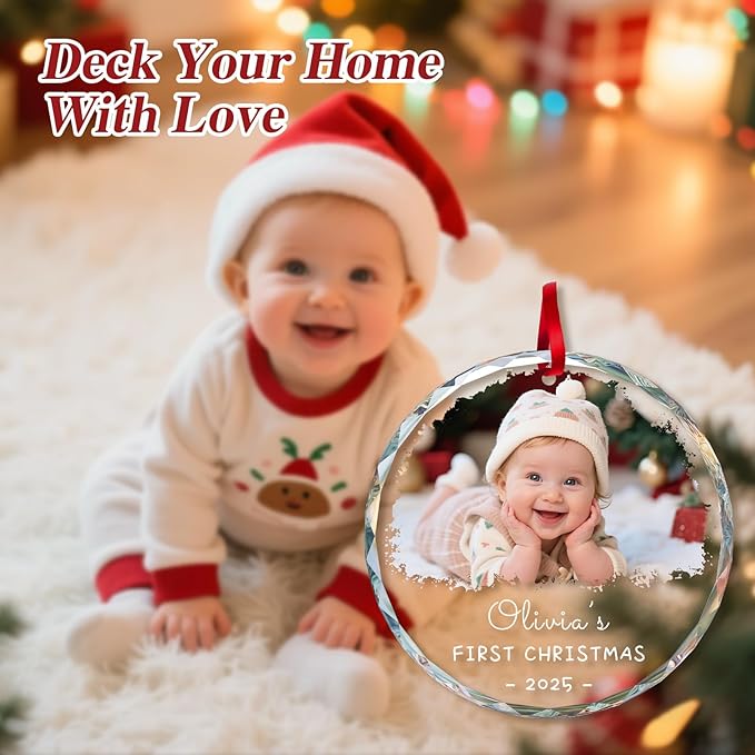 Personalized Babys First Christmas Ornament 2025 Boy Girl, My First Christmas Ornament with Photo Text - Custom 1st Christmas Ornaments 2025 for Baby, Newborn Xmas Gifts for New Mom Dad(3.15")
