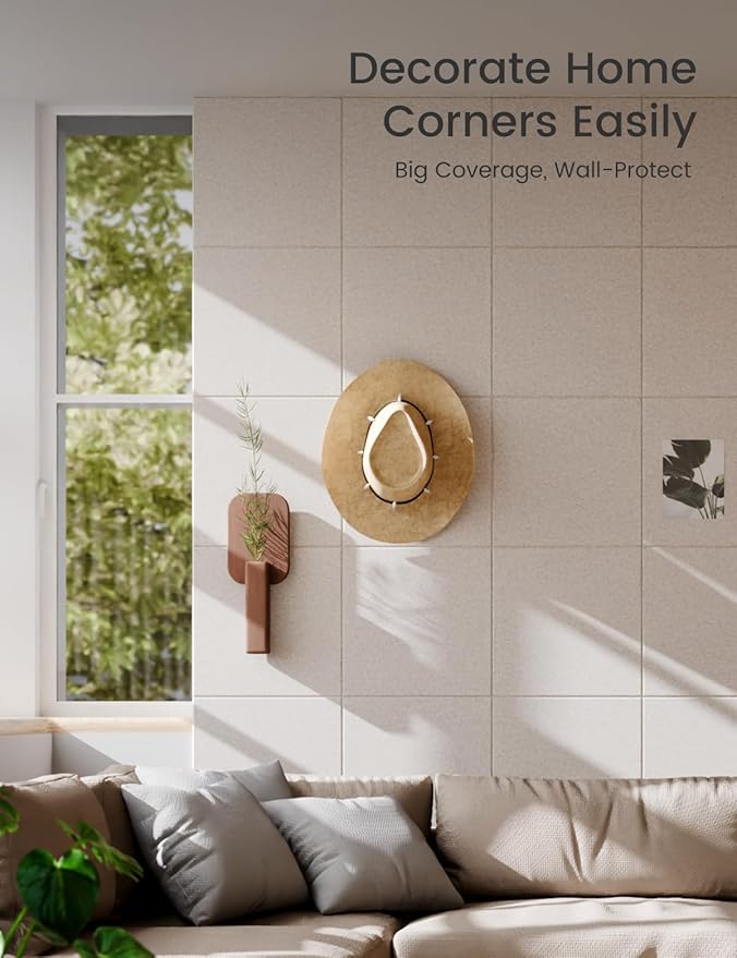 Felt Bulletin Board Tiles Large 48" x 36" Cork Board Alternative-12 Pack with 70 Adhesive Tabs, Thick Slat Wall Panels for Office Decor, Push Pin Board Wall Organizer Alternative - Oatmeal