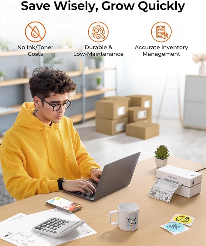 MUNBYN Bluetooth Thermal Label Printer, 130B Wireless 4x6 Shipping Label Printer for Shipping Packages Small Business Office or Home, Compatible with iPhone Android iPad Windows macOS Chrome Etsy eBay