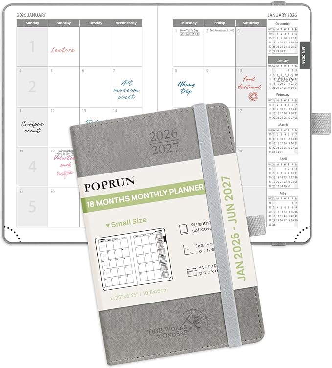 POPRUN Pocket Monthly Planner 2026-2027 (Pocket- 4''x 6.25'' Soft Leather Cover) - 18 Month Calendar Book for Purse (Jan.2026 - Jun. 2027), 100 GSM Thick Paper - Grey