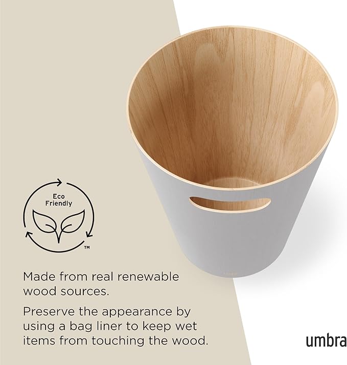 Umbra Woodrow, 2 Gallon Modern Wooden Trash Can Wastebasket or Recycling Bin for Home or Office, Grey (082780-918)