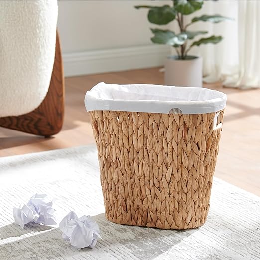 Bathroom Trash Can, Handwoven Wicker Trash Can with Handles for Bedroom, Living Roon, Kitchen, Bathroom and Office, Water Hyacinth Wicker Waste Basket, 1 Pack, 13"L x 7.5"W x 12.2"H, 3.2 Gallon
