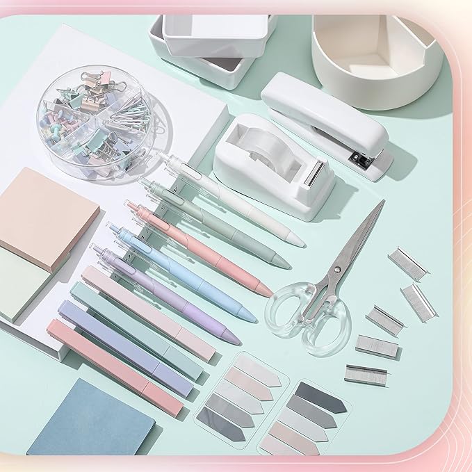 Kosiz 27 Pcs Black White Desk Accessories Aesthetic Desk Organizer Neutral Office Supplies Pen Holder Stapler Binder Sticky Notes Paper Clips Scissor Staples Aesthetic Accessories for Women(Fashion)