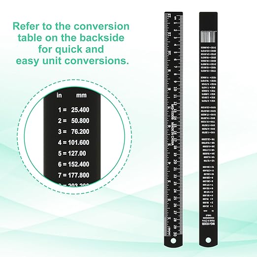 PATIKIL 30cm/12 Metal Ruler, 2 Pack Aluminum Alloy Rulers with Centimeters, Millimeters, Inches and Conversion Table Straight Edge Ruler for Writing Machinist Drafting, Black