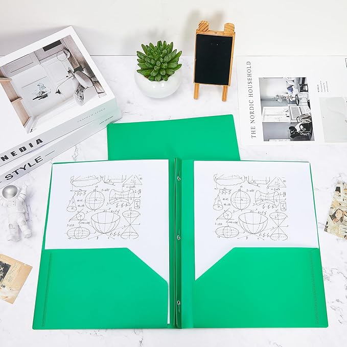 Yeaqee 60 Pcs Plastic Folders with Pockets and Prong Plastic Folders with 2 Pockets Pocket for Office, School for Students, Teachers, Office Workers (Green)