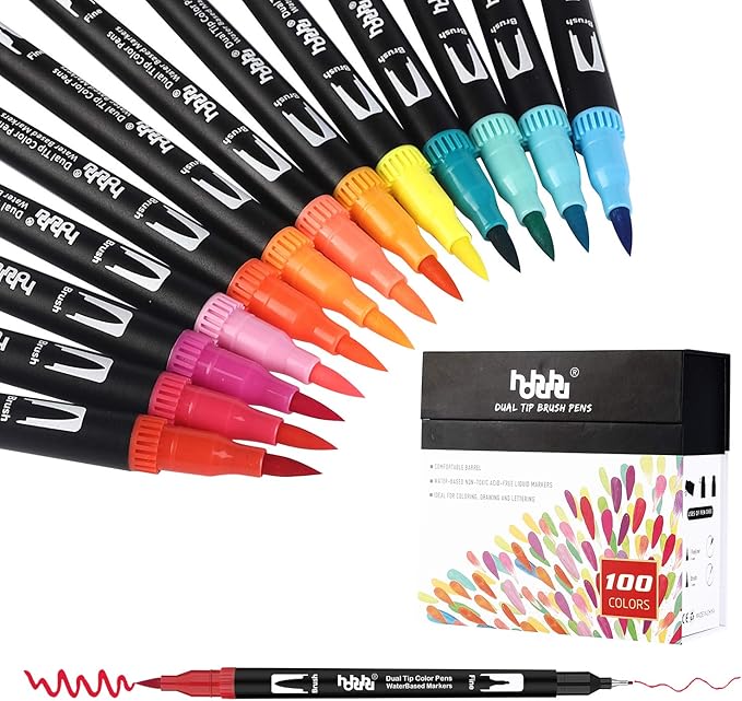 hhhouu 100 Colors Fine Tip Markers Dual Tip Brush Pens Art Markers Set for Adult Coloring Drawing Bullet Journals Planners Hand Lettering Calligraphy HO-100B