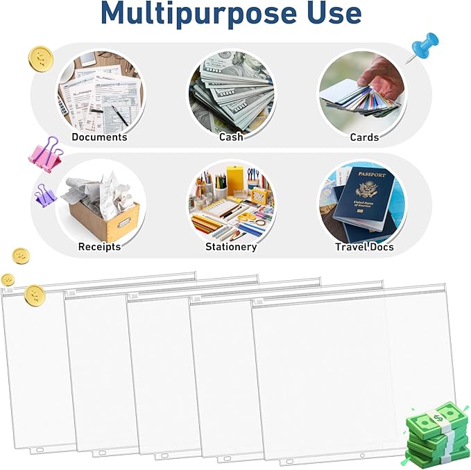 Antner 48 Pack Letter Size Binder Pockets for 3-Ring Binder Zipper Pouch Waterproof PVC Document Organizer 3-Hole Loose Leaf Folders File Sleeves Storage Bags Side Loading for Business Office Supplies