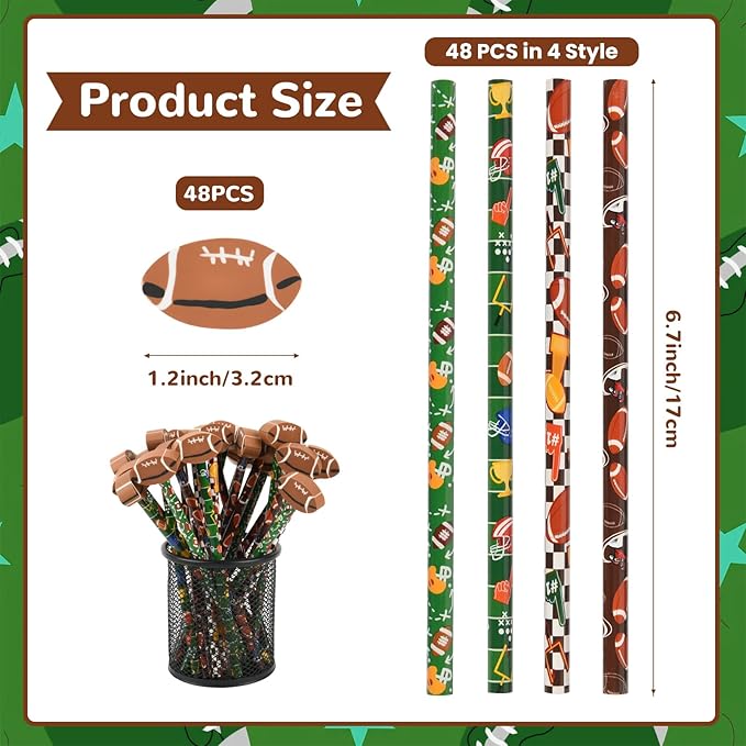 48 Pcs Football Pencils and Erasers for Football Theme Birthday Gifts Assortment Stationery Pencils for Students Office School Classroom Supplies.