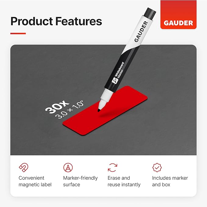 GAUDER Magnetic Dry Erase Labels | 30x Magnetic Labels (3 Inches x 1 Inch) | Dry Erase Magnets for Classroom, Whiteboard and Blackboard