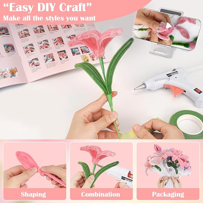 500 PCS Pipe Cleaners Craft Kit for Flower Making Lily DIY Material Bundle with 20 Stems, 100 Stamens, Ribbon, Tulle, Glue Sticks & Step-by-Step Guide Vibrant Colors, Non-Shedding, Fade-Resistant