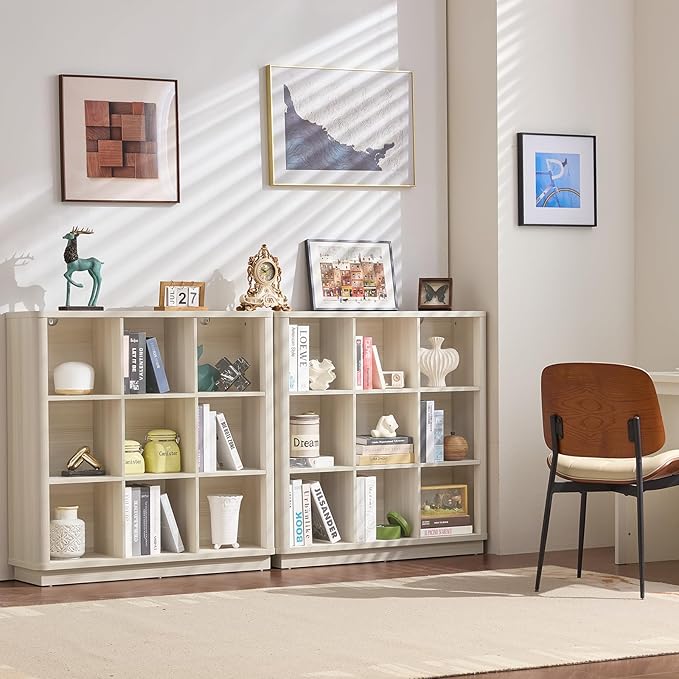9 Cube Storage Book Shelf, 41" Tall Organizer Bookcase with Curved Edge, Wood Floor Standing 3-Tier Cubby Bookshelf with Base, Vintage Display Book Case for Bedroom, Office, White Cream Oak