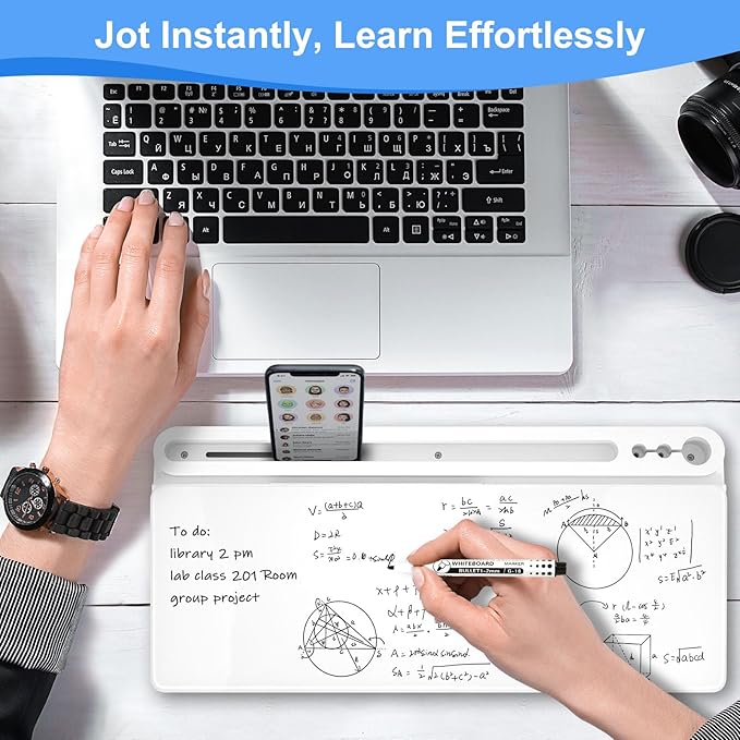 Desktop Glass Whiteboard with Storage, Desk White Board with Computer Keyboard Stand, White Dry Erase Board with Drawers for Home, School, Office Desk Organizers and Accessories