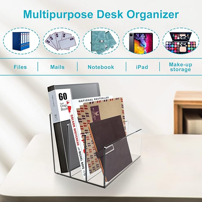 Boloyo Acrylic File Holder,1PC 3 Sections Clear File Organizer Mail Letter Sorter Desktop Folder Holder for Home Office School Envelope Bill Filling Paper Document