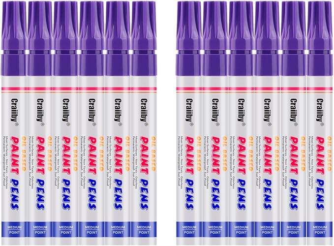 Purple Paint Markers, 12 Pack Oil-Based Waterproof Quick Dry Permanent Paint Pen Set for Rocks Painting, Wood, Fabric, Plastic, Canvas, Glass, Mugs, Metal, Tire, Stone, DIY Craft