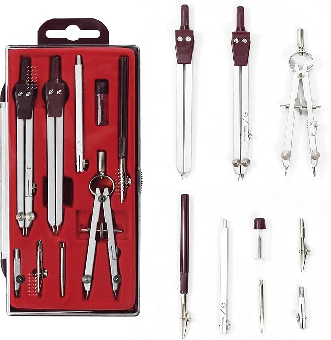 Drawing 9Pc Geometry Set Metal Compass, Geometry Precision Tool for Student, Circle Drawing Tool and Architecture, Drafting Kits for Engineer with Shatterproof Storage Box (Red)