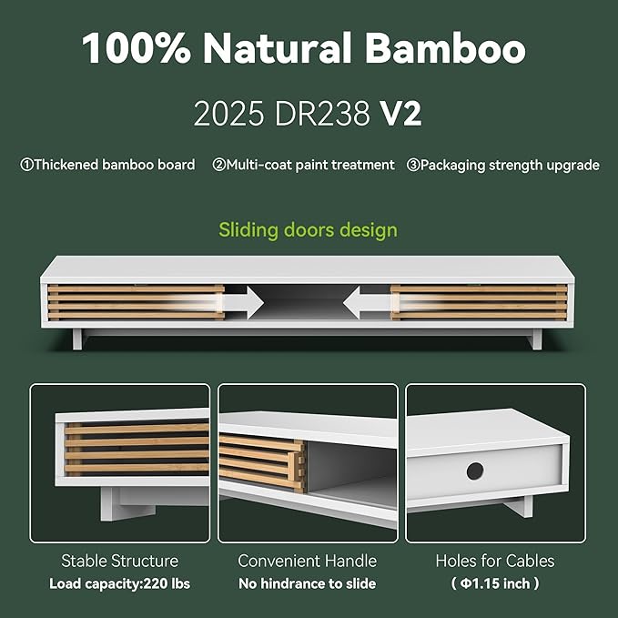 Dual Monitor Stand Riser with Sliding Door, Double Computer Laptop Stand Desk Shelf Organizer with Storage (White + Natural Bamboo, 38 Inch)