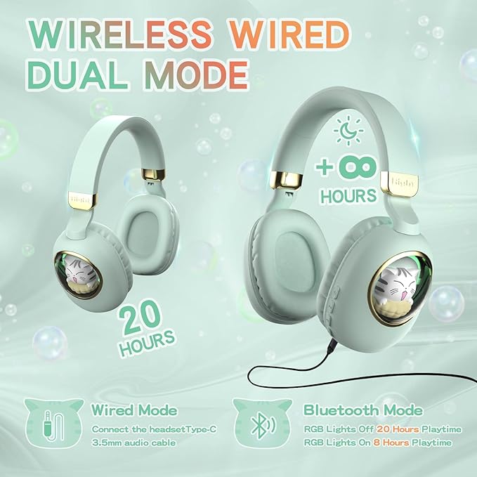Girls Green Gaming Headset with Microphone - Wired & Wireless Noise Cancelling Over Ear Headphones for Kids & School - Bluetooth Earbuds