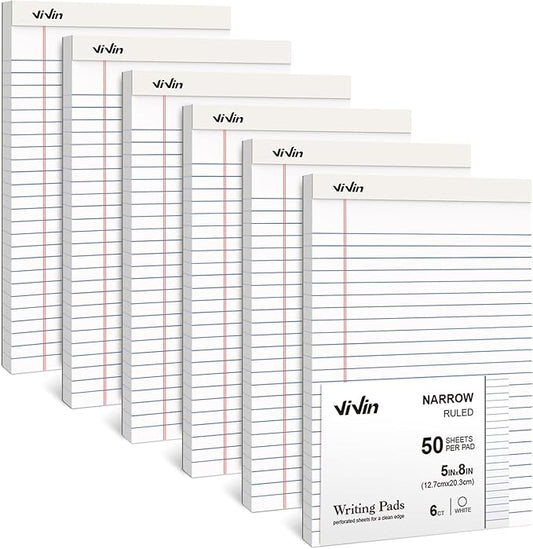 ViVin 5 x 8 Inch Legal Pads, 6 Pack, Narrow Ruled, 50 Sheets Per Writing Pad, Perforated Note Pads Ideal for Home, Office, Business, 300 Sheets, White Paper
