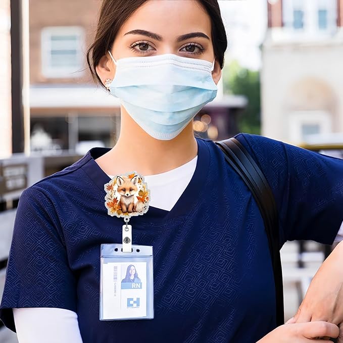 Cute Animal Badge Holders Fall Badge Holder with 360 Swivel Alligator Clip Acrylic Fox Badge Clip Designs Autumn Leaves Badge Reel ID Card Holders Name Card for Teacher Nurse Doctor Worker