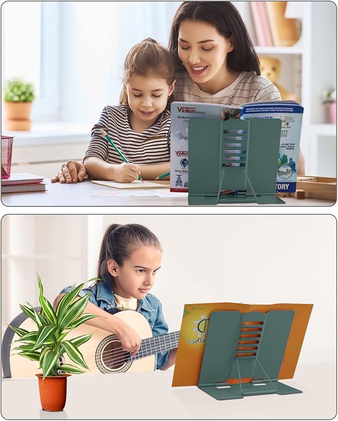 MSDADA Desk Book Stand, Metal Reading Book Stand Adjustable Cookbook Holder for Textbooks Recipes Music Books Tablet-with Page Clips(Morandi Green)