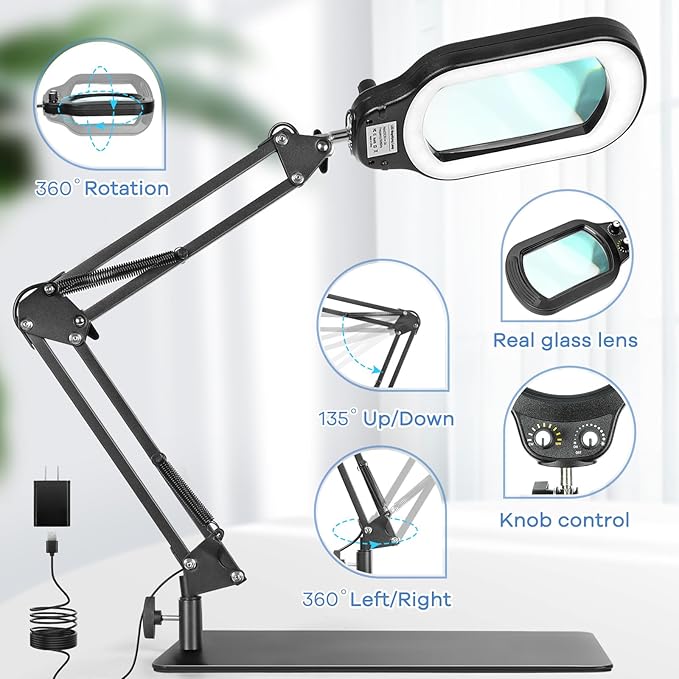 10X Rectangle Magnifying Glass with Light and Stand, Real Glass Lighted Magnifier Hands Free, Mechanical Knob 5 Color Modes Stepless Dimmable, 2-in-1 LED Desk Lamp with Clamp for Close Work, Reading