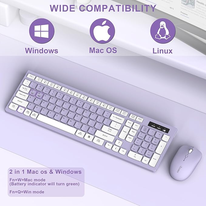 Wireless Keyboard and Mouse Combo, Full-Sized Wireless Keyboard and Adjustable DPI Mouse, 2.4GHz USB Receiver, Silent Keyboard and Mouse for PC, Windows, MAC, Desktop, Laptop(Purple)