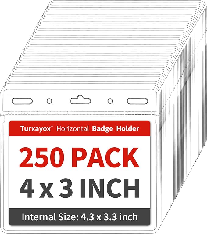 250 Pack Horizontal Clear ID Badge Holder, 4x3 Inch Plastic Name Tag Badge Holders, Card Protector Cover, Quick Load and Remove No Zipper Sleeve for Lanyard