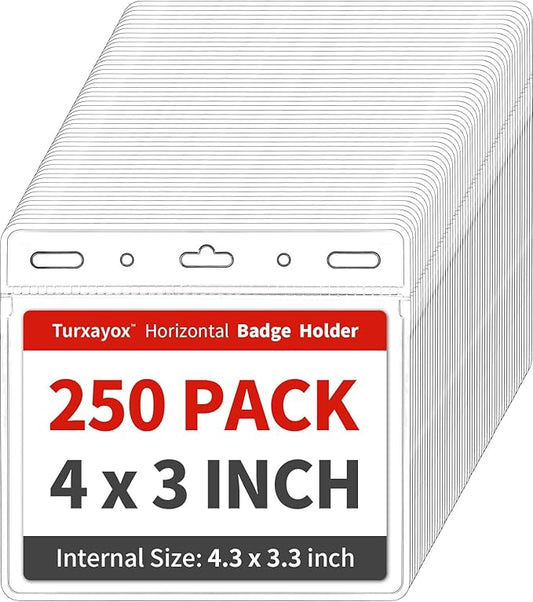 250 Pack Horizontal Clear ID Badge Holder, 4x3 Inch Plastic Name Tag Badge Holders, Card Protector Cover, Quick Load and Remove No Zipper Sleeve for Lanyard
