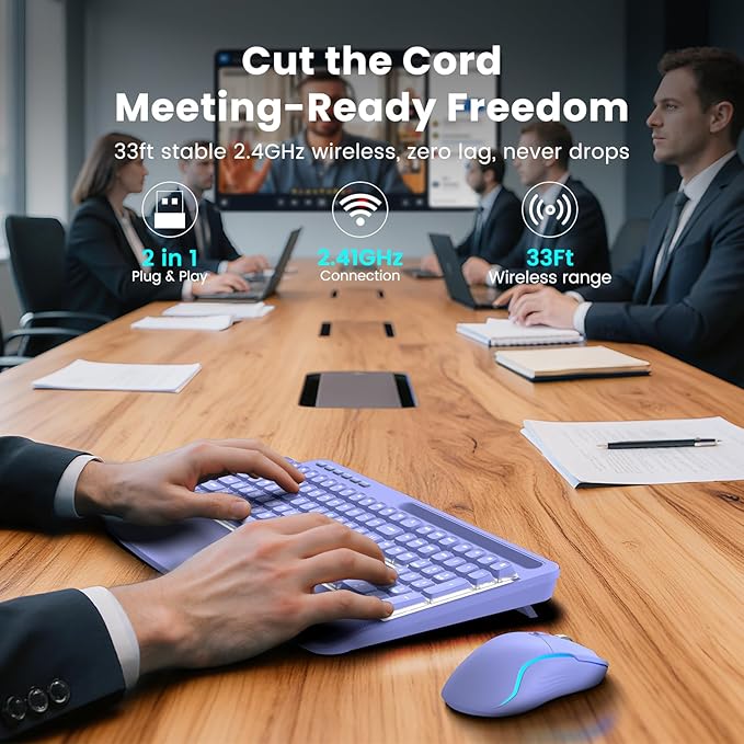 Purple Keyboard and Mouse Wireless Combo, 4000mAh Rechargeable Backlit Quiet Keyboards mice Set, USB Ergonomic Key Board with Wrist Rest & Phone Holder for PC, Mac, Windows, Natural Soft Typing