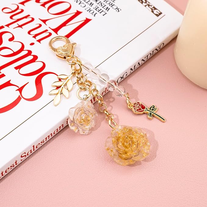 Rose Purse Charms Cute Flower Keychain With Heart Sticker Charm Chain For Kindle Colorful Bag Charms For Handbags