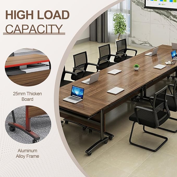 Folding Conference Room Table, Modern Conference Tables with Wheels, Large Rectangular Mobile Training Tables for Office Classroom, Foldable Modular Boardroom Seminar Table Walnut (4pack L63in)