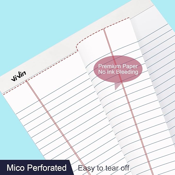 ViVin 5 x 8 Inch Legal Pads, 6 Pack, Narrow Ruled, 50 Sheets Per Writing Pad, Perforated Note Pads Ideal for Home, Office, Business, 300 Sheets, White Paper