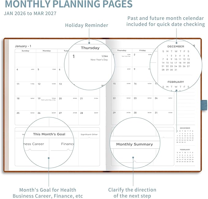 AHGXG 2026 Planner, Weekly and Monthly, Large A4 8.5"x11", Planner 2026-2027, Calendar 15-Months Jan 2026 - Mar 2027, Vegan Leather Softcover, Inner Pocket, Gray Blue