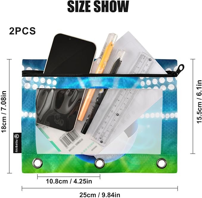 Soccer Ball on Field Pencil Pouch for 3 Ring Binder, 2 Pack Waterproof Pencil Bags Clear Window Zipper School Office Supplies