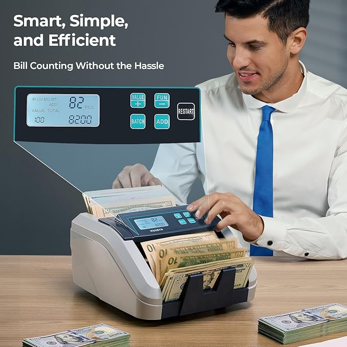 MUNBYN IMC51 Money Counter Machine Count Value, Add+Batch/Add+ Value Mode Bill Counter, UV/MG/IR/MT Detection, USD only Cash Counter,1100 Bills/min, Money Counting Machine with LCD Display (Gray)