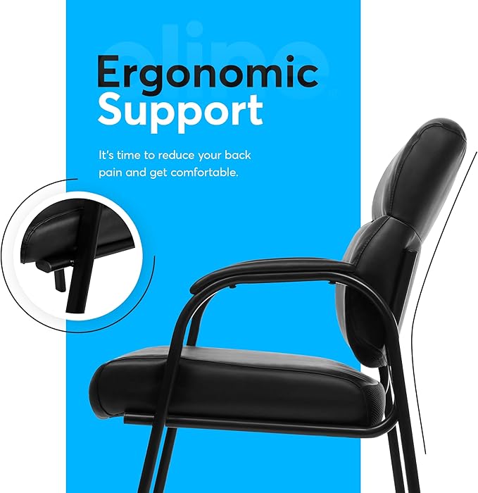 Oline Leather Guest Chair with Padded Arms, Reception Meeting Conference Waiting Room Lobby Home Desk Big and Tall Executive Office Chair, Black (2 Pack)
