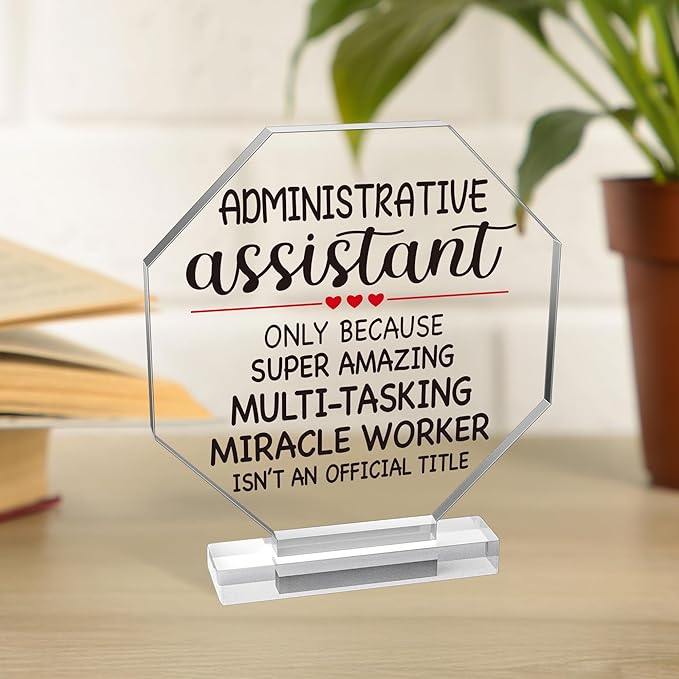 Yopyame Administrative Assistant Appreciation Gifts - Secretary Appreciation Day Gift Acrylic Keepsake Paperweight Clear Desk Decorative Sign Acrylic Plaque with Stand for Office Desk Table Shelf Home