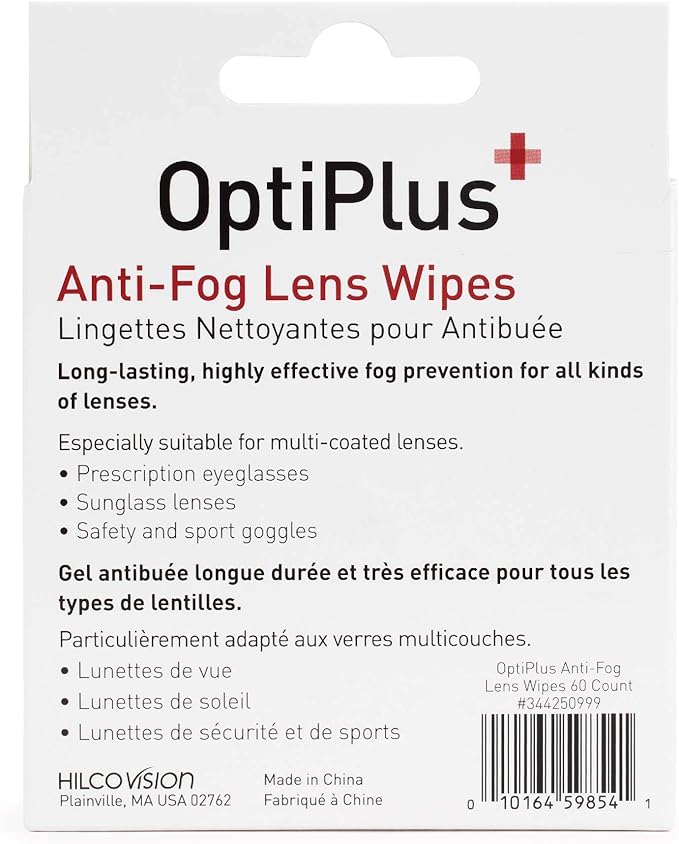 OptiPlus Anti Fog Lens Wipes l Pre-Moistened l Cleaning Wipes for Glasses, Laptops Screens, Smart Phones, Optical Lens, Goggles, Watch Screen and More l Defogging, Quick-Dry & Scratch-Free l 60 Count