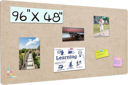 Extra Large Bulletin Board, 96 X 48 inches Cork Board with 30 Pushpin, 8' x 4' Felt Cork Board Notice Pin Board, Self-Adhesive Vision Board Mood Board Foldable Photo Board for Wall - Beige Brown