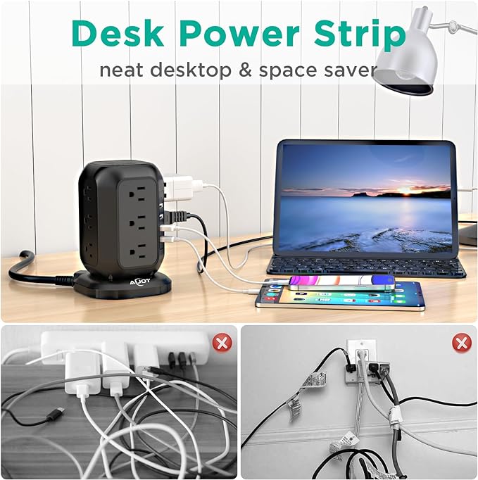 Power Strip Tower with USB Ports-AiJoy Surge Protector with 12 AC Outlet and 4 USB Ports, 10 Ft Extension Cord with Multiple Outlets, Charging Station with Overload Protection, for Home Office Dorm