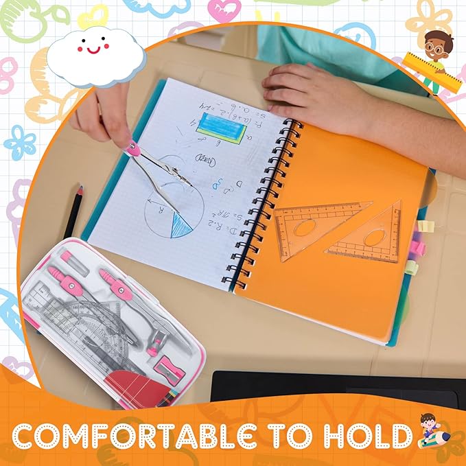 Teling 24 Sets Math Geometry Kit for Students 10 Pcs Compass Geometry Tools Set Includes Rulers Protractor Compass Eraser Pencil Sharpener Lead Refills Pencil (Multi Color)