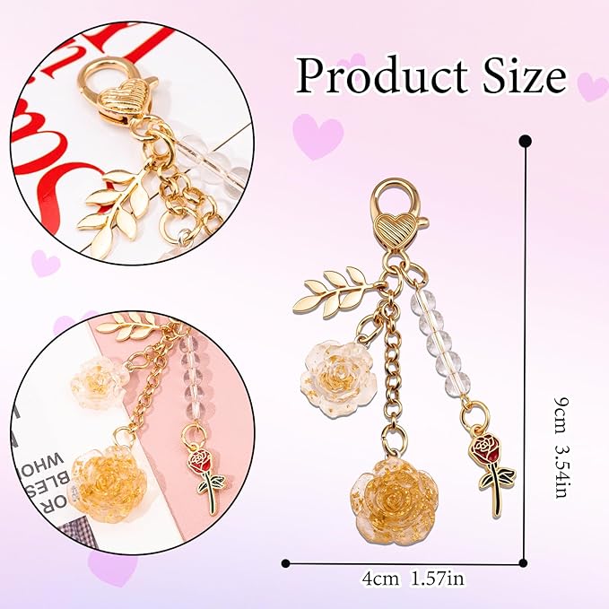 Rose Purse Charms Cute Flower Keychain With Heart Sticker Charm Chain For Kindle Colorful Bag Charms For Handbags