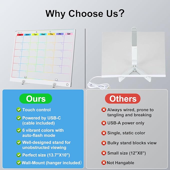 Acrylic Dry Erase Board Calendar with Light, 13.7"X10" LED Note Board with 6-Color Neon Glow Memo Monthly Planning Board for Gift/Room/Office/Wall with Stand, 7 Markers, White