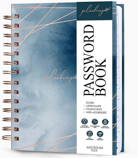 PLANBERRY Password Book Premium – Alphabetized Internet Address Organizer with A-Z Tabs – Website & Computer Password Keeper with Alphabetical Tabs – 6.2x7.7″, Hardcover (Ocean Depths)